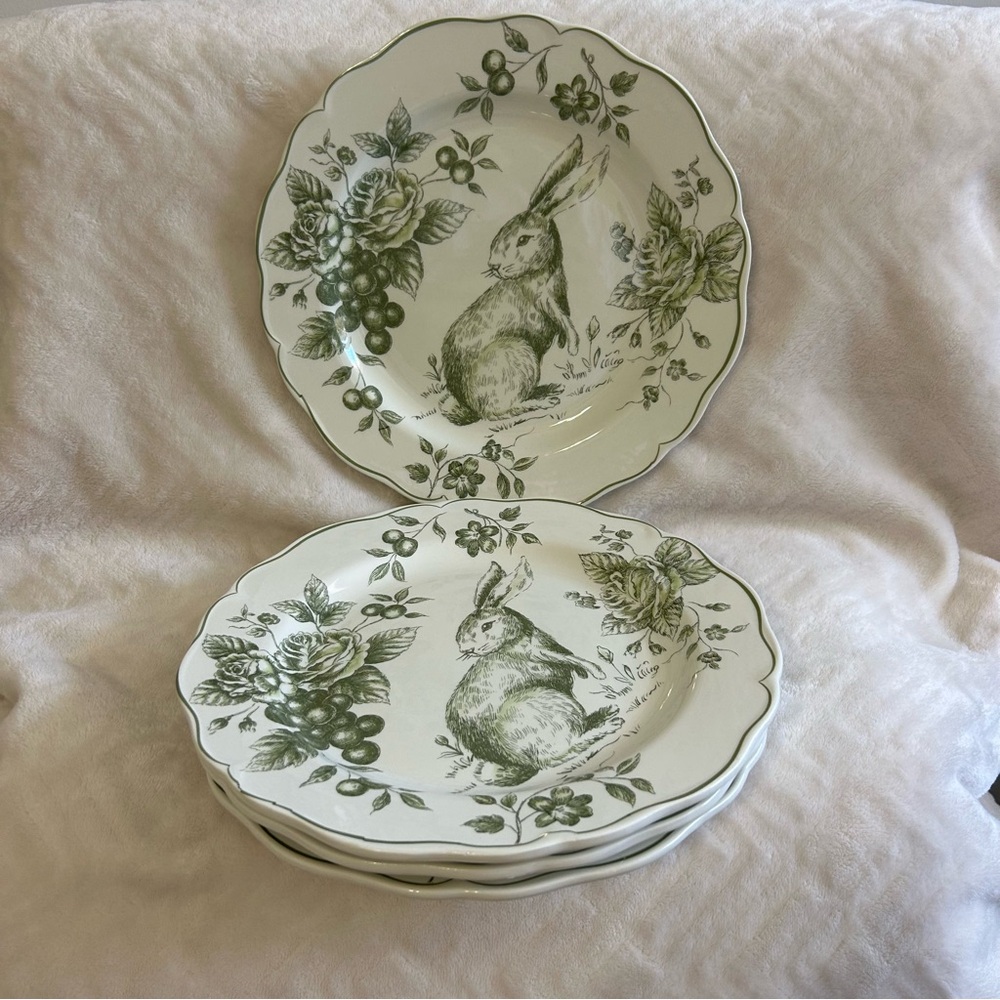 Maxcera Easter Bunny Green White Rose Toile Dinner Plates Set of 4 - NEW